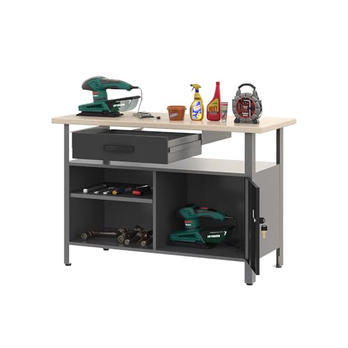 JZD Steel Workbench Table Desk with Drawer & Lockable Cabinet, Office Desk with Wooden Worktop for Garage Basement Workshop Home