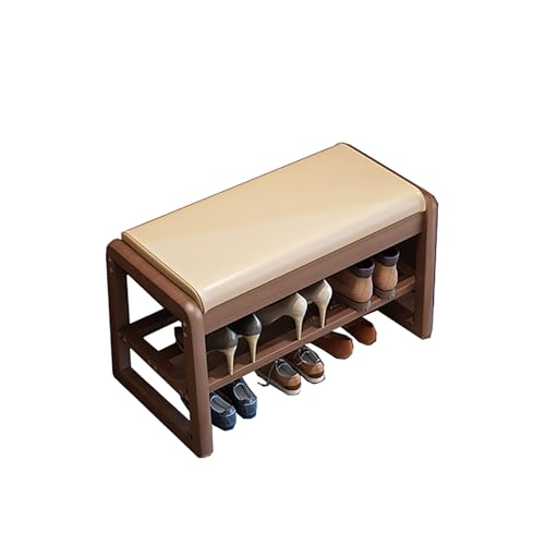 Zapatero de madera de nogal con cojín de 1 nivel, elegante almacenamiento para sala de estar y pasillo, diseño que ahorra espacio (55 x 34 x 42 cm)