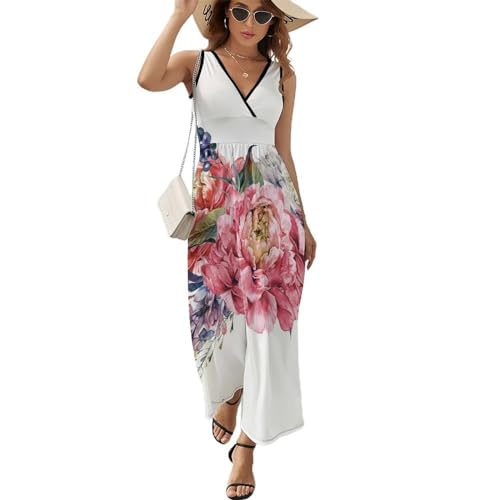 Robe longue d'été pivoines roses robe maxi col V décontracté pour femme tendance de plage