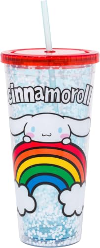 Image of Silver Buffalo Sanrio Hello Kitty and Friends Cinnamoroll Rainbow Plastic Confetti Cold Cup with Lid and Straw, 32 Ounces (Pack of 12)