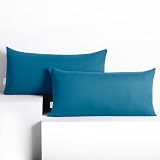 DecoKing 2 Fundas de Almohada de 40 x 80 cm de Jersey 100% Algodón Peinado con Cremallera Azul ámbar