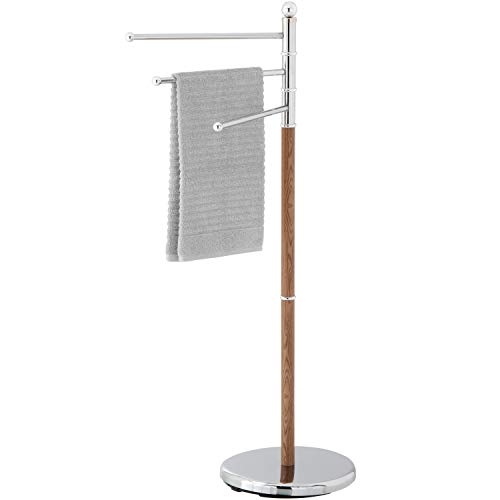 MyGift 40-Inch Freestanding Stainless Steel 3-Swivel Arm Towel Holder Storage Rack with Wood