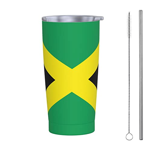 Dujiea Vaso de 20 onzas con tapa y popote, taza de café helado aislada al vacío con bandera de Jamaica, taza de viaje reutilizable de acero inoxidable