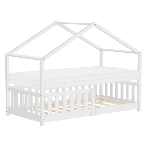 ML-Design Letto a Casetta per Bambini 80x160 cm Bianco in Legno Massello di Pino con Materasso Sponda di Sicurezza e Tetto, Lettino Montessori Basso a Terra per Bambine, Arredamento Cameretta