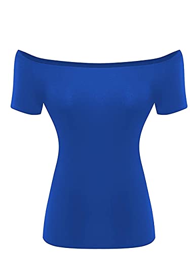 LilyCoco Women's Off Shoulder Tops Short Sleeve Casual Summer Slim Fit T-Shirts Blouse Blue Large