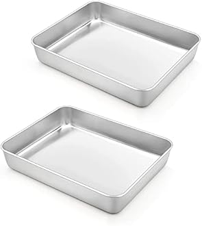 TeamFar Rectangular Cake Pan, 9.3'' x 7'' Stainless Steel Small Toaster Oven Baking Roasting Cake Lasagna Pan, Non-Toxic & Heavy Duty, 2 Inch Deep Side & Dishwasher Safe, 2 PCS