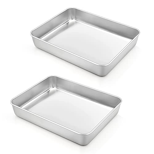 TeamFar Rectangular Cake Pan, 9.3'' x 7'' Stainless Steel Small Toaster Oven Baking Roasting Cake Lasagna Pan, Non-Toxic & Heavy Duty, 2 Inch Deep Side & Dishwasher Safe, 2 PCS