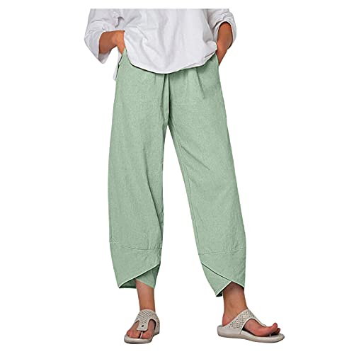 Image of Womens Cotton Linen Capri Pants Casual Elastic Printed Ankle Pants | Cotton Linen Capri Pants for Women 2025 Casual Printed Cropped Palazzo Pants Elastic Waist Lounge Baggy Trousers