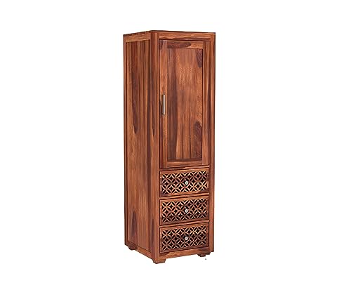 Image of Sheesham Wood Wooden Single Door Wardrobe Organizer for Clothes | - Solid Wood Almirah with 3 Drawers, 3 Shelves - Cupboard for Large Bedroom (Design 28)