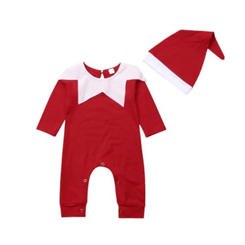 Nicoxijia Pasgeboren Baby Jongen Meisje Kerstoutfit Lange Mouwen Kerstman Eén-Delig Jumpsuit Romper + Hoed Zuigelingen Kerstkledingset, Rood, 6-12 maanden