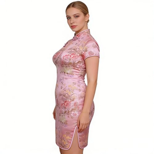 Womens Cheongsam Qipao Dress Slim Bodycon Exotic Dresses Chinese Wedding Costumes Vintage Lunar New Year Asian Mini Dress Pink Peony XL