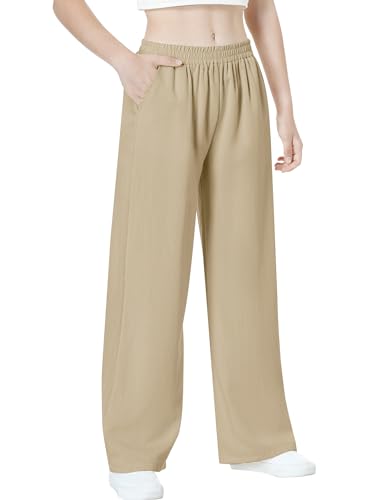Image of EXARUS 3 Pack Girls Wide Leg Pants Flowy Linen Teen Casual Loose Baggy | Tween Beach Vacation Trousers with Pockets Elastic High Wasited Straight Bottoms Youth Junior Kids School 6-12Y