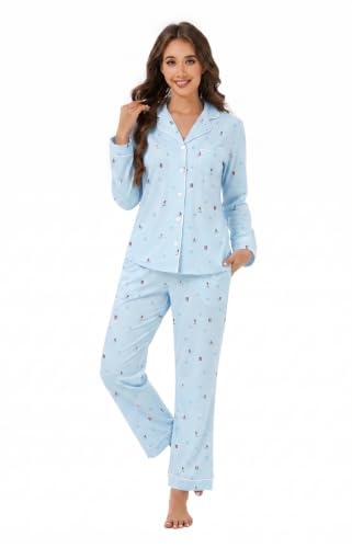 Image of LUBOT Christmas Pajamas for Women 100% Cotton Pajama 2 Piece PJ Set Soft Long Sleeve Button Xmas Print Loungewear XS-XXL