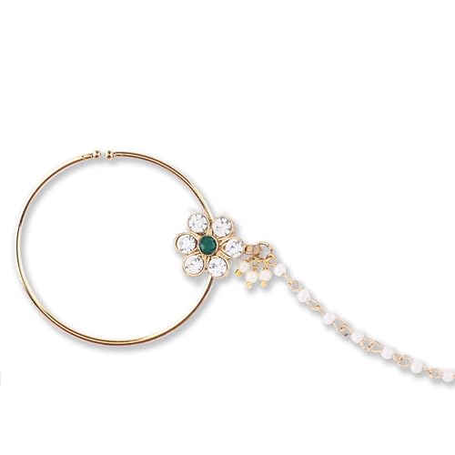 Image of Suhana Goldon Plated Traditional Ethnic Bridal Nose Ring /Nath without piercing with Pearl Chain Encased with Stone for Women /Girls (Nose Ring Diameter - 5)