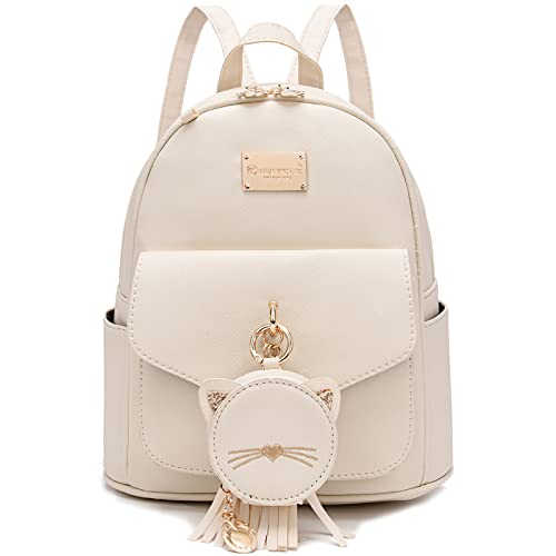 I IHAYNER Mini Backpack for Women Small Backpack Purse for Girls Leather Bookbag Ladies Satchel Bag with Detachable Kitty Coin Purse and Charm Tassel Beige