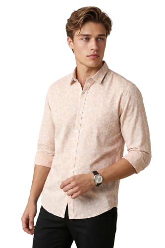 Image of Peter England Men's Slim Fit Full Sleeve Casual Shirt in Slub Cotton with All-Over Leafy Print