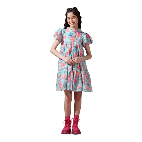 Image of Cherry & Jerry Blue Floral Print Schiffli Dress