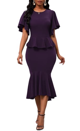 Image of Womens Summer Ruffle Short Sleeve Fishtail Dress Evening Cocktail Formal Peplum Midi Mermaid Dresses Elegant