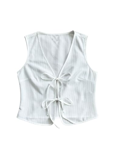 SHENHE Women's Tie Front Deep V Neck Boho Vest Textured Sleeveless Summer Tank Top