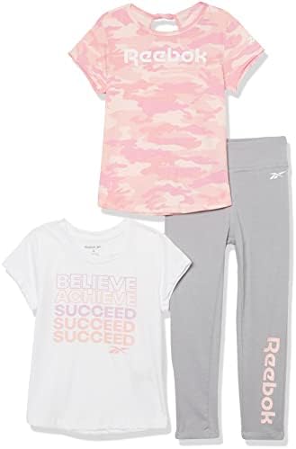 Reebok Girls' 3-Piece Activewear Clothing Set-Two Performance Tops + Leggings/Yoga Pants, Quarry, 7