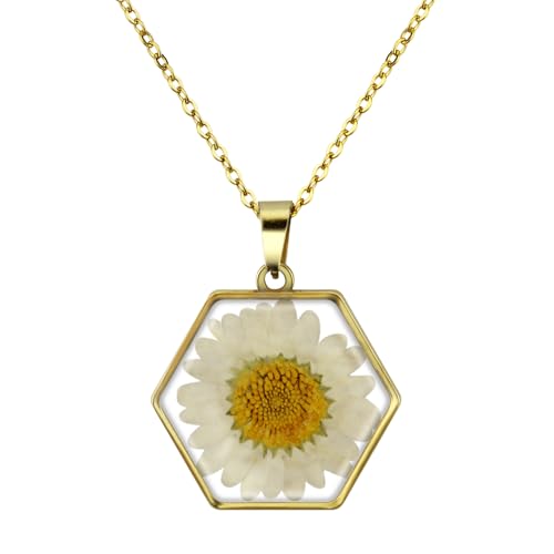 Image of Lunhoo Real Daisy Necklace, Resin Pressed Real Flower Pedant Necklace for Women, Girls, Daisy Gift Handmade Jewelry (Hexagon)