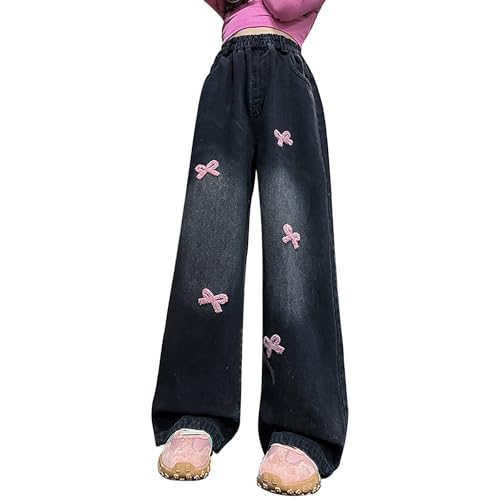 Kids Girls Bows Jeans Baggy Wide Leg Denim Pants Cute Elastic Waist Straight Trousers Trendy Y2k Streetwear with Pockets
