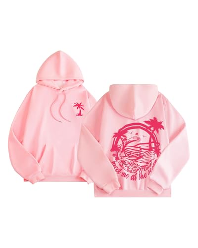 Graphic Palm Hoodies for Women Girls Cute Outfits Puff Hoodie Sweatshirts (Pink S)