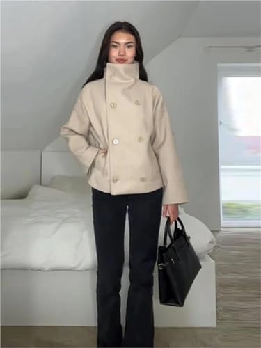 UJEDFHV Women's Wool Coat Solid Blend High Neck Coat Double Breasted Oversized Casual Women Overcoat Elegant Lady Jacket(Dark blue,M) - Image 5