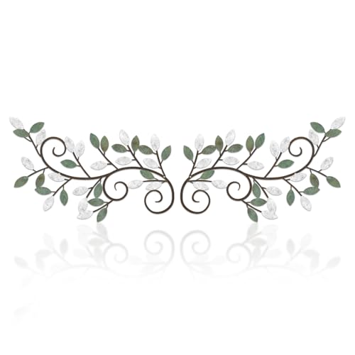 ESTART 2 Pieces Metal Tree Leaf Wall Decor Vine Olive Branch Leaf Wall Art Ornament Wall Hanging Sign for above Door, Living Room, Bathroom, Office, Indoor and Outdoor Decoration (White Green Colors)