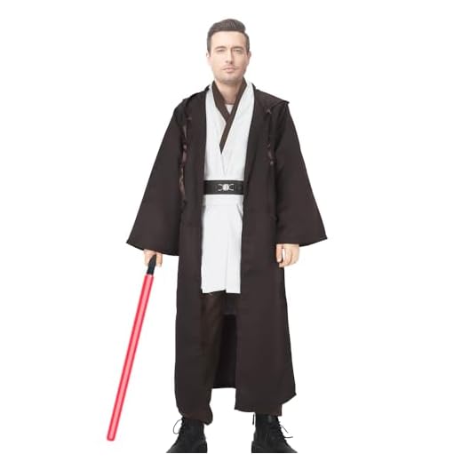 NUWIND Disfraz de Jedi medieval con capucha para hombre, túnica de Halloween, disfraz de cosplay para adultos, Marrón+blanco, S