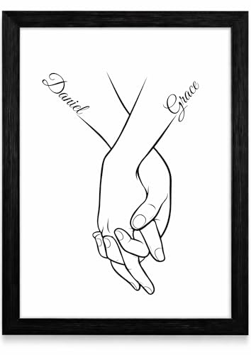Image of Personalised Names in Hands Framed Print – Romantic Couple Wall Art Gift for Him Her, Custom A4 Holding Hands Line Art, Anniversary Wedding Valentines Birthday Gift Husband Wife Boyfriend Girlfriend