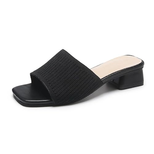 Crazyours Women's Stretch Knitted Square Toe Chunky Low Heel Slides Sandals Fashion Outdoor Chunky Heel Open Toe Slip On Slippers Ladies Comfortable Casual Party Mule Dress Shoes (Black,6,Female)