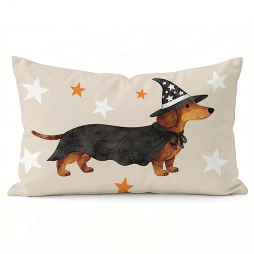 GPMZTJQF Funny Dachshund Witch Halloween Throw Pillow Cover 12x20 Inch Cute Wiener Dog Witch Hat Cape Lumbar Pillow Case for Couch Sofa Bedroom Dachshund Lover for Dog Mom