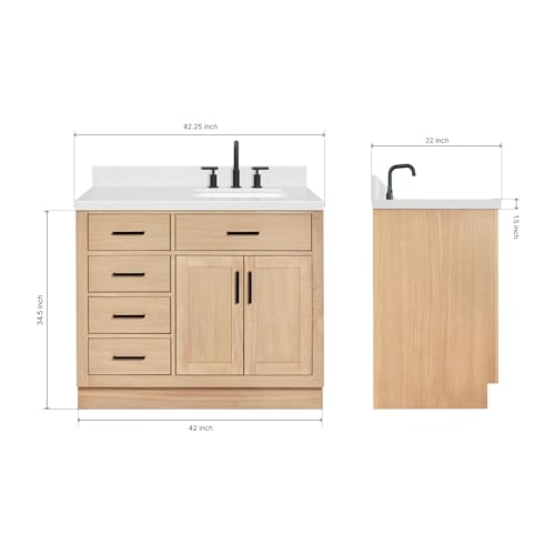 ARIEL Hepburn 42\" Inch Oak Single Bathroom Vanity with Sink, Carrara White Quartz Countertop 1.5 inch Edge and backsplash, Soft Closing Door and Drawer, Matte Black - Thumbnail 2
