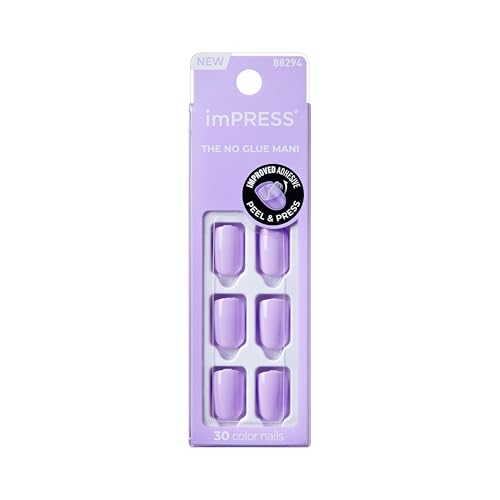 KISS imPRESS Color Press-On Manicure Fake Nails, Vivid Lavender - Short & Square, Solid Purple, Ready To Wear, Chip Proof, Smudge Proof, No Dry Time, Mini File & More | 30 Count