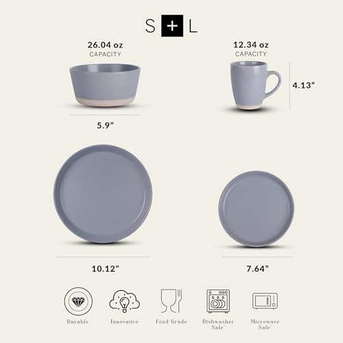 Image of Stone Lain Jules Modern Stoneware 16-Piece Round Dinnerware Set, Plates and Bowls Sets, Dish Set for 4, Grey