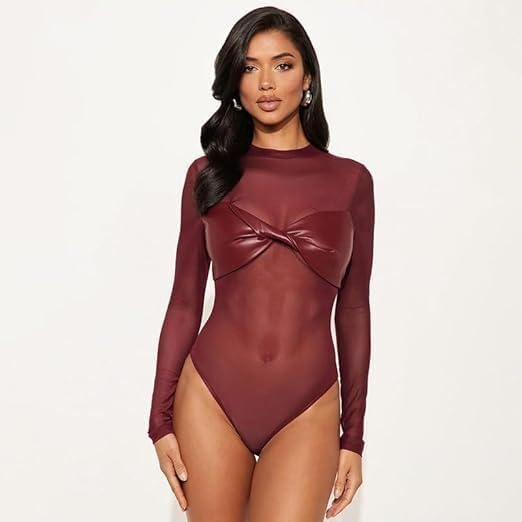 Sexy Bodysuit For Women Mesh See Through Long Sleeve Twist Leather Bra Bodysuit One Piece Going Out Fall Clothes - Image 3
