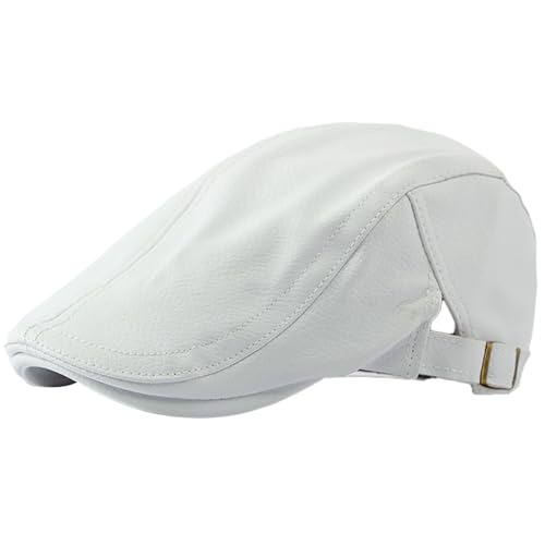 JNKET Autumn Winter Men Warm Newsboy Cap PU Leather Flat Cap Ivy Gatsby Cabbie Driving Hat (US, Alpha, One Size, Medium, White)