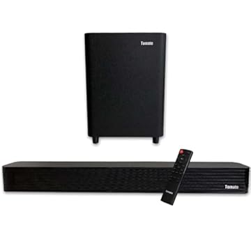 Kit Soundbar e Subwoofer Som de Cinema 2.1 Canais e Tecnologia Imersiva Entrada Óptica Coaxial USB e BT Acompanha Controle - Tomate