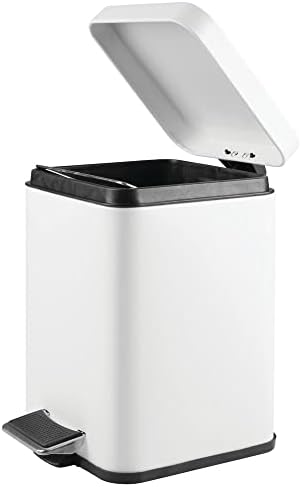 mDesign Square Household Rubbish Bin  6 Litre Metal Waste Bin with Pedal, Lid and Plastic Bucket Insert  Pedal Waste Basket for Bathroom, Kitchen and Office  White