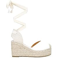 BOSANOVA Alpargatas confeccionadas en Piel Vegana con Detalle de Escote corazón, Puntera en Rafia y cuña de Rafia de 9 cm. Cierre con Cordones Lace- up. Calzado para Mujer Blanco 36