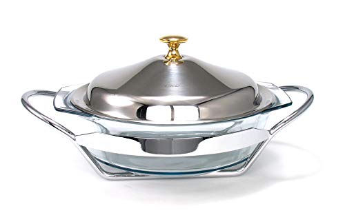 Fuente redonda para horno y microondas de cristal con tapa y soporte de acero inoxidable
