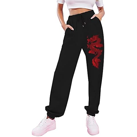 KEEVICI Women's Dragon Print Sweatpants High Waisted Joggers Yoga Workout Sports Elastic Waist Pants with Pockets (2 Black,L) Cover