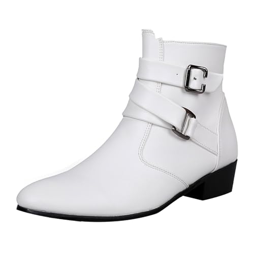 Mens Western Cowboy Boots Leather Chelsea Boots with Belt Buckle Fashion Pointed Toe Chunky Low Heel Formal Ankle Dress Boots Side Zipper (White, 10)