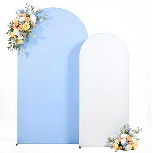 Image of 7.2FT 6FT Arch Backdrop Cover for Wedding, Set of 2 Stretchy Spandex Fitted Arch Stand Cover for Baby Shower, Birthday Party Decor, Chiara Backdrop Cover with Double-Sided Design(White, Blue)