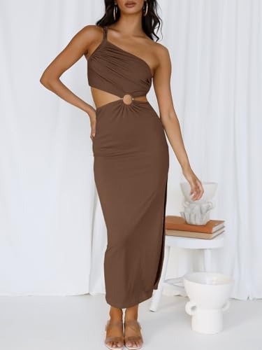 ANRABESS Women Summer One Shoulder Sleeveless Maxi Dress Cutout Sexy Bodycon Semi Formal Dinner Date Vacation Dresses Coffee Small - Thumbnail 2