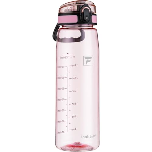 Image of Fanhaw 32 oz Clear Plastic Water Bottle, BPA Free Leakproof Tritan Sports Water Bottle with Chug Lid, Wide Mouth Reusable Bottle for Gym, Travel, School & Office (Cherry Blossom)