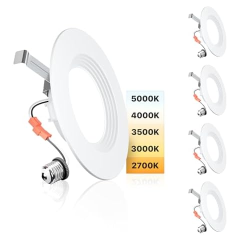 Ensenior 5/6 Inch 5CCT LED Can Lights 4 Pack, Retrofit Led Recessed Lighting, Baffle Trim, Dimmable, 9W=110W, 1000LM, 2700K/3000K/3500K/4000K/5000K Selectable, IC Rated - ETL & FCC Cover