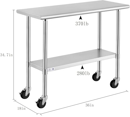 Image of ROCKPOINT Stainless Steel Table for Prep & Work with Caster Wheels 18x36 Inches, NSF Metal Commercial Kitchen Heavy Duty Table with Adjustable Under Shelf and Table Foot for Restaurant, Home and Hotel