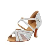 Jywmsc Zapatos de Baile Latino de Mujer con Purpurina y Pedrería Correa Cruzada Peep Toe Zapatos de Baile Social Salsa Tango Sandalias para Bodas